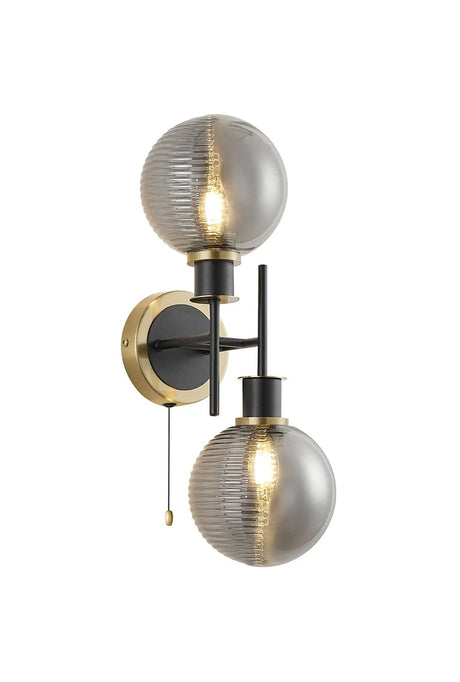 Woods Switched Wall Light, 2 x E14 With 15cm Round Double Textured Smooth/Ribbed Glass Shade, Brass, Smoke Plated & Satin Black