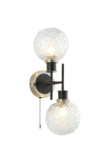 Woods Switched Wall Light, 2 x E14 With 15cm Round Textured Crumple Glass Shade, Satin Nickel, Clear & Satin Black