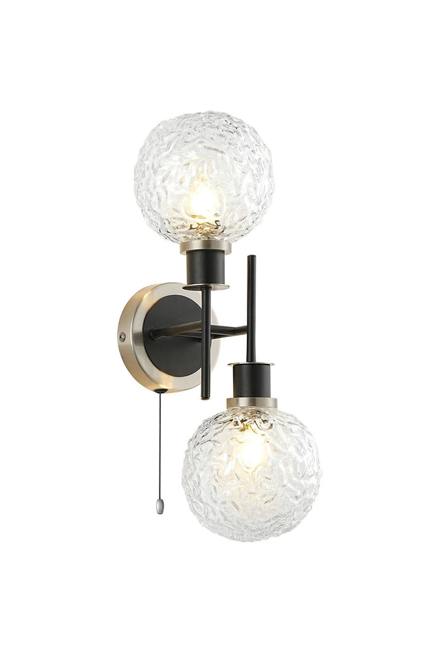 Woods Switched Wall Light, 2 x E14 With 15cm Round Textured Crumple Glass Shade, Satin Nickel, Clear & Satin Black