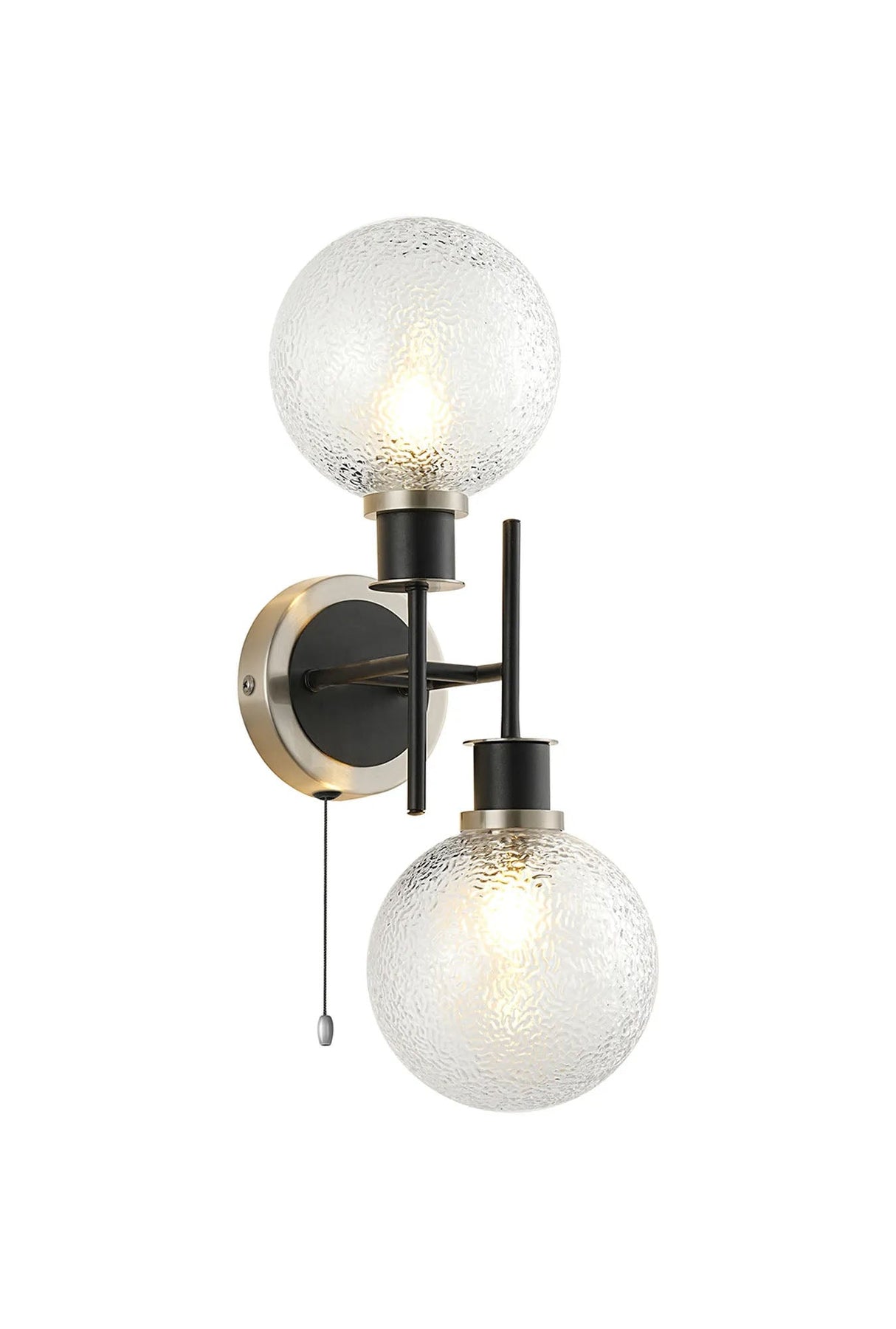 Woods Switched Wall Light, 2 x E14 With 15cm Round Dimpled Glass Shade, Satin Nickel, Clear & Satin Black