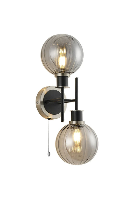 Woods Switched Wall Light, 2 x E14 With 15cm Round Segment Glass Shade, Satin Nickel, Smoke Plated & Satin Black
