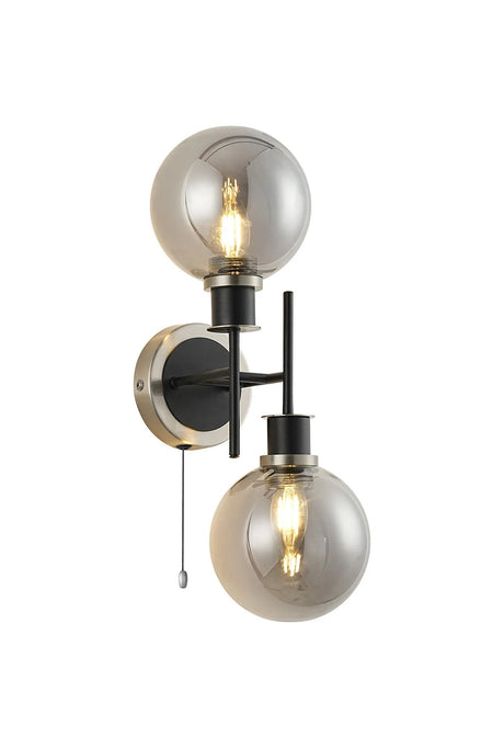 Woods Switched Wall Light, 2 x E14 With 15cm Round Glass Shade, Satin Nickel, Smoke Plated & Satin Black
