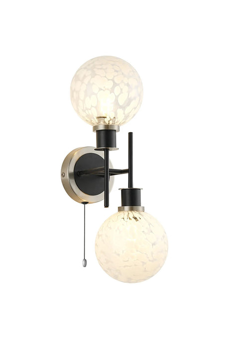 Woods Switched Wall Light, 2 x E14 With 15cm Round Speckled Glass Shade, Satin Nickel, White & Satin Black