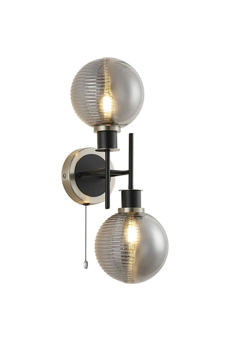 Woods Switched Wall Light, 2 Light E14 IP44 With 15cm Round Double Textured Smooth/Ribbed Shade, Satin Nickel, Smoke Plated/Satin Black