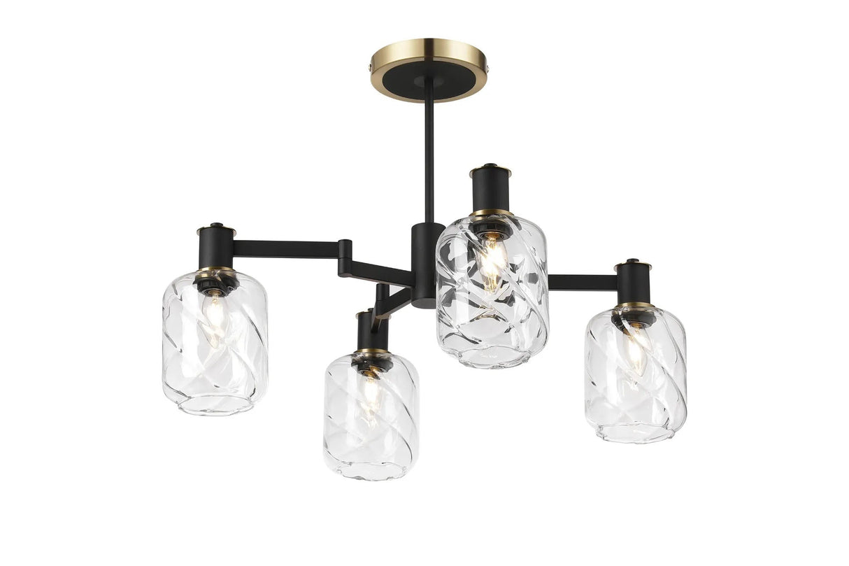 Adamson Swing Arm Semi Ceiling 4 x E14 Brass/Satin Black/Clear Twisted Cylinder Glass