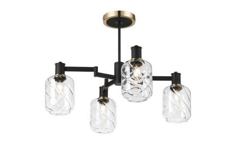Adamson Swing Arm Semi Ceiling 4 x E14 Brass/Satin Black/Clear Twisted Cylinder Glass