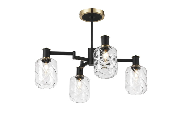 Adamson Swing Arm Semi Ceiling 4 x E14 Brass/Satin Black/Clear Twisted Cylinder Glass