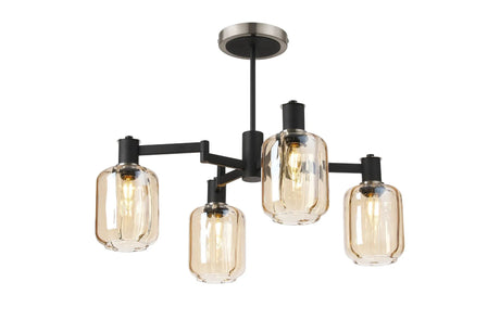 Adamson Swing Arm Semi Ceiling 4 x E14 Satin Nickel/Satin Black/Amber Striped Cylinder Glass