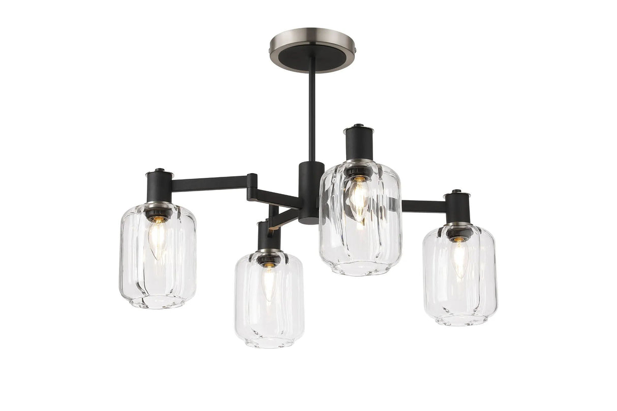 Adamson Swing Arm Semi Ceiling 4 x E14 Satin Nickel/Satin Black/Clear Striped Cylinder Glass