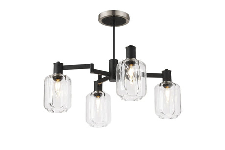 Adamson Swing Arm Semi Ceiling 4 x E14 Satin Nickel/Satin Black/Clear Striped Cylinder Glass