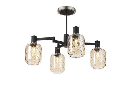 Adamson Swing Arm Semi Ceiling 4 x E14 Satin Nickel/Satin Black/Amber Twisted Cylinder Glass