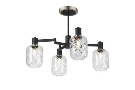Adamson Swing Arm Semi Ceiling 4 x E14 Satin Nickel/Satin Black/Clear Twisted Cylinder Glass