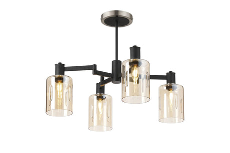 Adamson Swing Arm Semi Ceiling 4 x E14 Satin Nickel/Satin Black/Amber Uniform Dimple Cylinder Glass