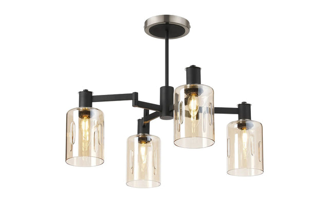 Adamson Swing Arm Semi Ceiling 4 x E14 Satin Nickel/Satin Black/Amber Uniform Dimple Cylinder Glass