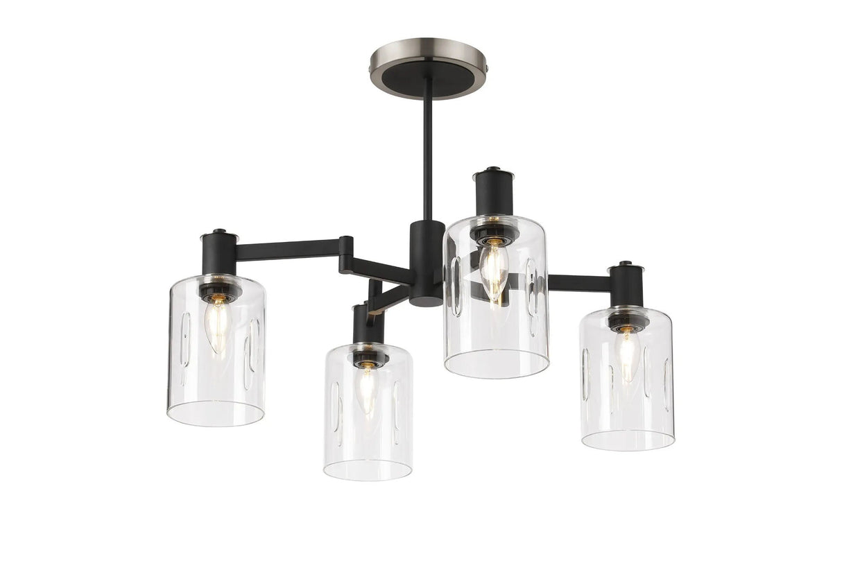 Adamson Swing Arm Semi Ceiling 4 x E14 Satin Nickel/Satin Black/Clear Uniform Dimple Cylinder Glass