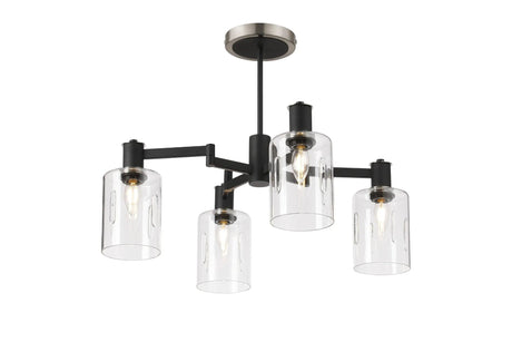 Adamson Swing Arm Semi Ceiling 4 x E14 Satin Nickel/Satin Black/Clear Uniform Dimple Cylinder Glass