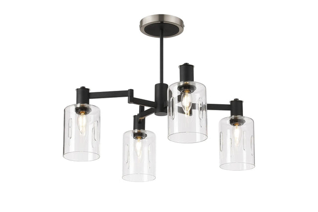 Adamson Swing Arm Semi Ceiling 4 x E14 Satin Nickel/Satin Black/Clear Uniform Dimple Cylinder Glass