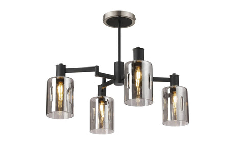 Adamson Swing Arm Semi Ceiling 4 x E14 Satin Nickel/Satin Black/Smoke Uniform Dimple Cylinder Glass