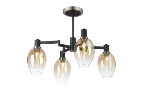Adamson Swing Arm Semi Ceiling 4 x E14 Satin Nickel/Satin Black/Amber Fade Wine Glass Glass