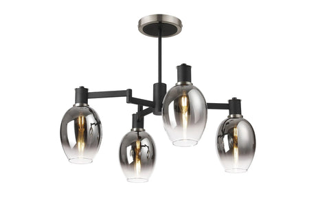 Adamson Swing Arm Semi Ceiling 4 x E14 Satin Nickel/Satin Black/Smoke Fade Wine Glass Glass