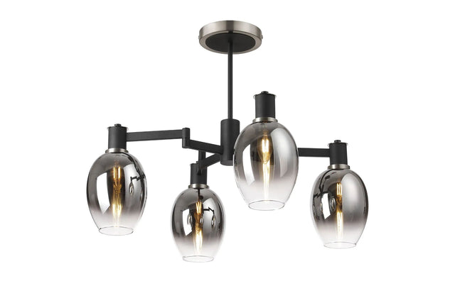 Adamson Swing Arm Semi Ceiling 4 x E14 Satin Nickel/Satin Black/Smoke Fade Wine Glass Glass