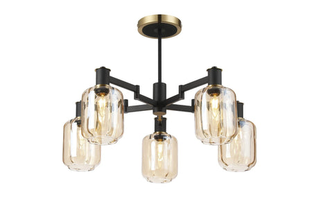 Adamson Swing Arm Semi Ceiling 5 x E14 Brass/Satin Black/Amber Striped Cylinder Glass