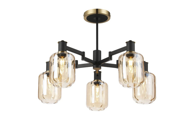 Adamson Swing Arm Semi Ceiling 5 x E14 Brass/Satin Black/Amber Striped Cylinder Glass