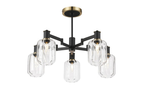 Adamson Swing Arm Semi Ceiling 5 x E14 Brass/Satin Black/Clear Striped Cylinder Glass