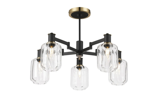 Adamson Swing Arm Semi Ceiling 5 x E14 Brass/Satin Black/Clear Striped Cylinder Glass
