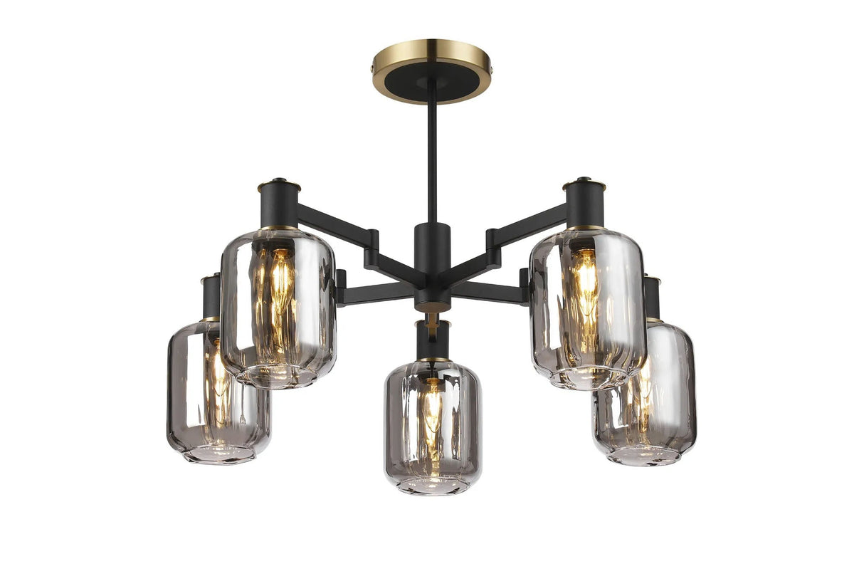 Adamson Swing Arm Semi Ceiling 5 x E14 Brass/Satin Black/Smoke Striped Cylinder Glass