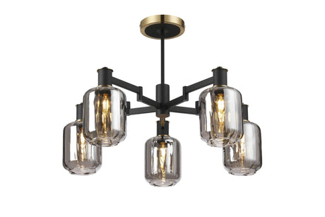 Adamson Swing Arm Semi Ceiling 5 x E14 Brass/Satin Black/Smoke Striped Cylinder Glass
