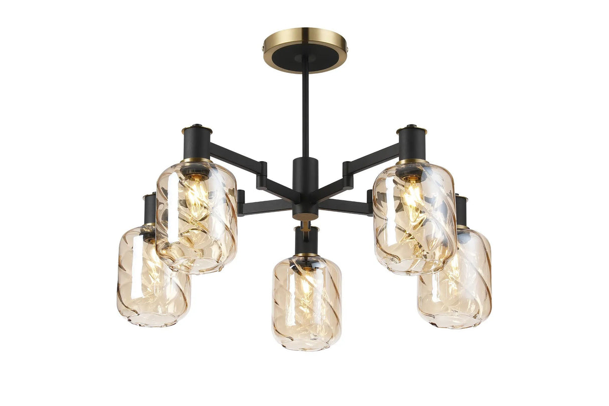 Adamson Swing Arm Semi Ceiling 5 x E14 Brass/Satin Black/Amber Twisted Cylinder Glass