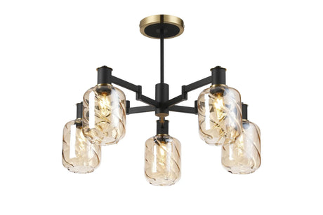 Adamson Swing Arm Semi Ceiling 5 x E14 Brass/Satin Black/Amber Twisted Cylinder Glass