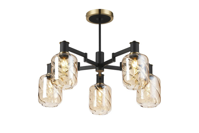Adamson Swing Arm Semi Ceiling 5 x E14 Brass/Satin Black/Amber Twisted Cylinder Glass