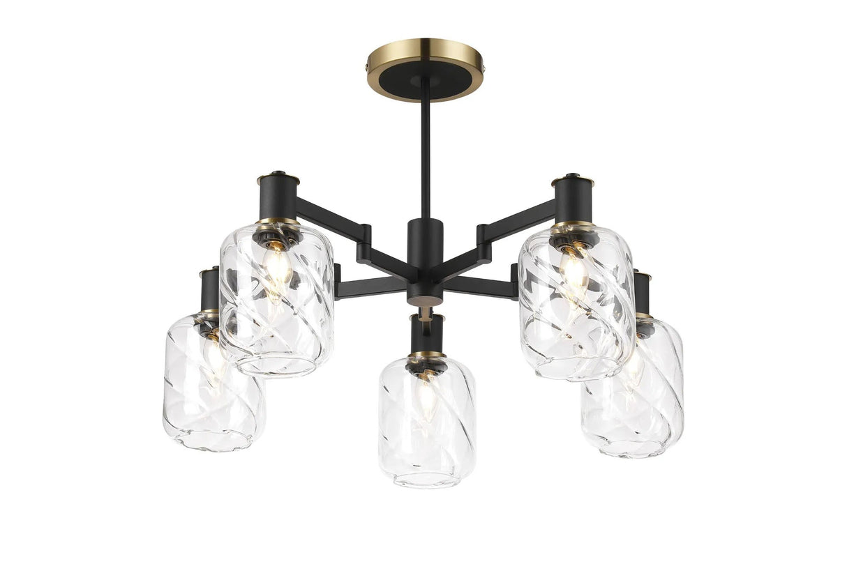 Adamson Swing Arm Semi Ceiling 5 x E14 Brass/Satin Black/Clear Twisted Cylinder Glass