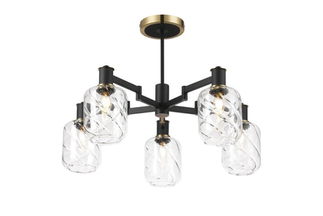 Adamson Swing Arm Semi Ceiling 5 x E14 Brass/Satin Black/Clear Twisted Cylinder Glass