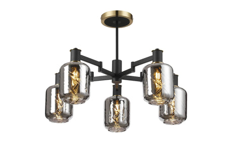 Adamson Swing Arm Semi Ceiling 5 x E14 Brass/Satin Black/Smoke Twisted Cylinder Glass