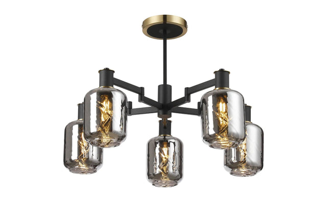 Adamson Swing Arm Semi Ceiling 5 x E14 Brass/Satin Black/Smoke Twisted Cylinder Glass