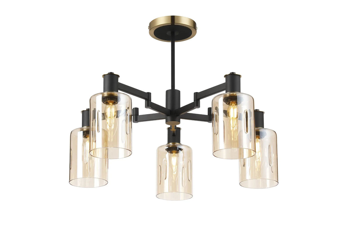 Adamson Swing Arm Semi Ceiling 5 x E14 Brass/Satin Black/Amber Uniform Dimple Cylinder Glass