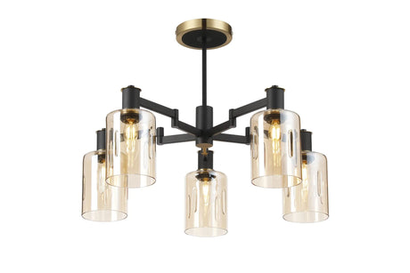 Adamson Swing Arm Semi Ceiling 5 x E14 Brass/Satin Black/Amber Uniform Dimple Cylinder Glass
