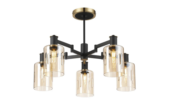 Adamson Swing Arm Semi Ceiling 5 x E14 Brass/Satin Black/Amber Uniform Dimple Cylinder Glass