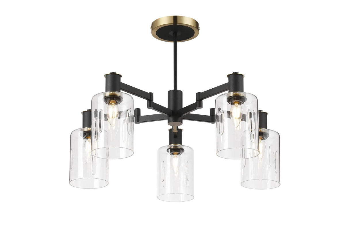 Adamson Swing Arm Semi Ceiling 5 x E14 Brass/Satin Black/Clear Uniform Dimple Cylinder Glass