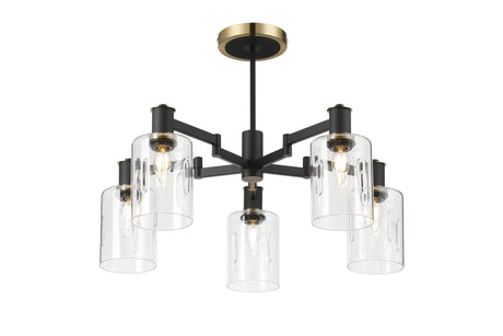 Adamson Swing Arm Semi Ceiling 5 x E14 Brass/Satin Black/Clear Uniform Dimple Cylinder Glass