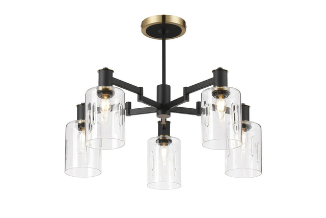 Adamson Swing Arm Semi Ceiling 5 x E14 Brass/Satin Black/Clear Uniform Dimple Cylinder Glass