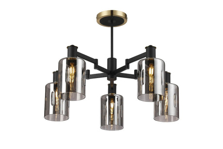 Adamson Swing Arm Semi Ceiling 5 x E14 Brass/Satin Black/Smoke Uniform Dimple Cylinder Glass