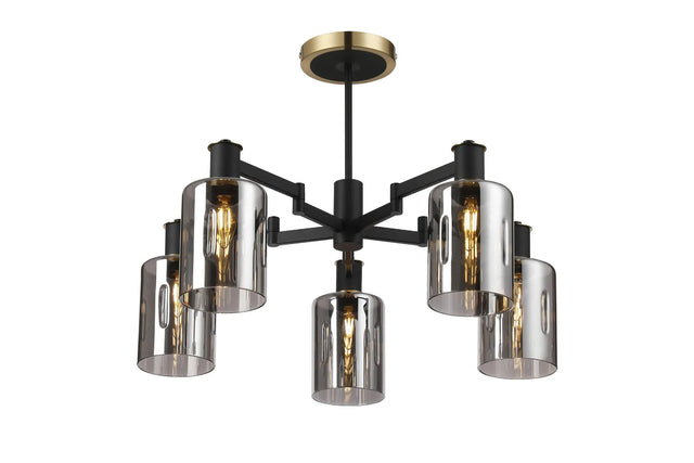 Adamson Swing Arm Semi Ceiling 5 x E14 Brass/Satin Black/Smoke Uniform Dimple Cylinder Glass