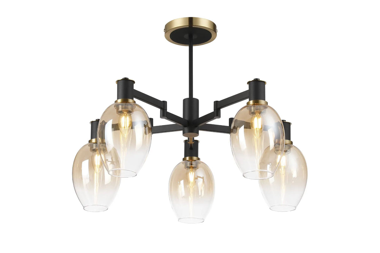 Adamson Swing Arm Semi Ceiling 5 x E14 Brass/Satin Black/Amber Fade Wine Glass Glass