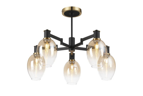 Adamson Swing Arm Semi Ceiling 5 x E14 Brass/Satin Black/Amber Fade Wine Glass Glass