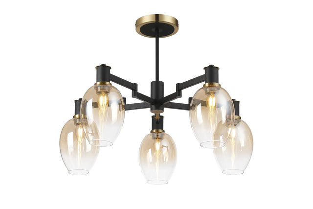 Adamson Swing Arm Semi Ceiling 5 x E14 Brass/Satin Black/Amber Fade Wine Glass Glass