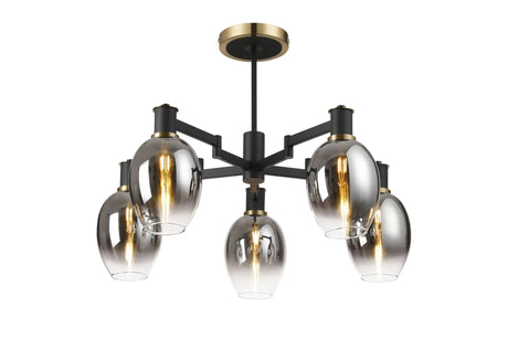 Adamson Swing Arm Semi Ceiling 5 x E14 Brass/Satin Black/Smoke Fade Wine Glass Glass